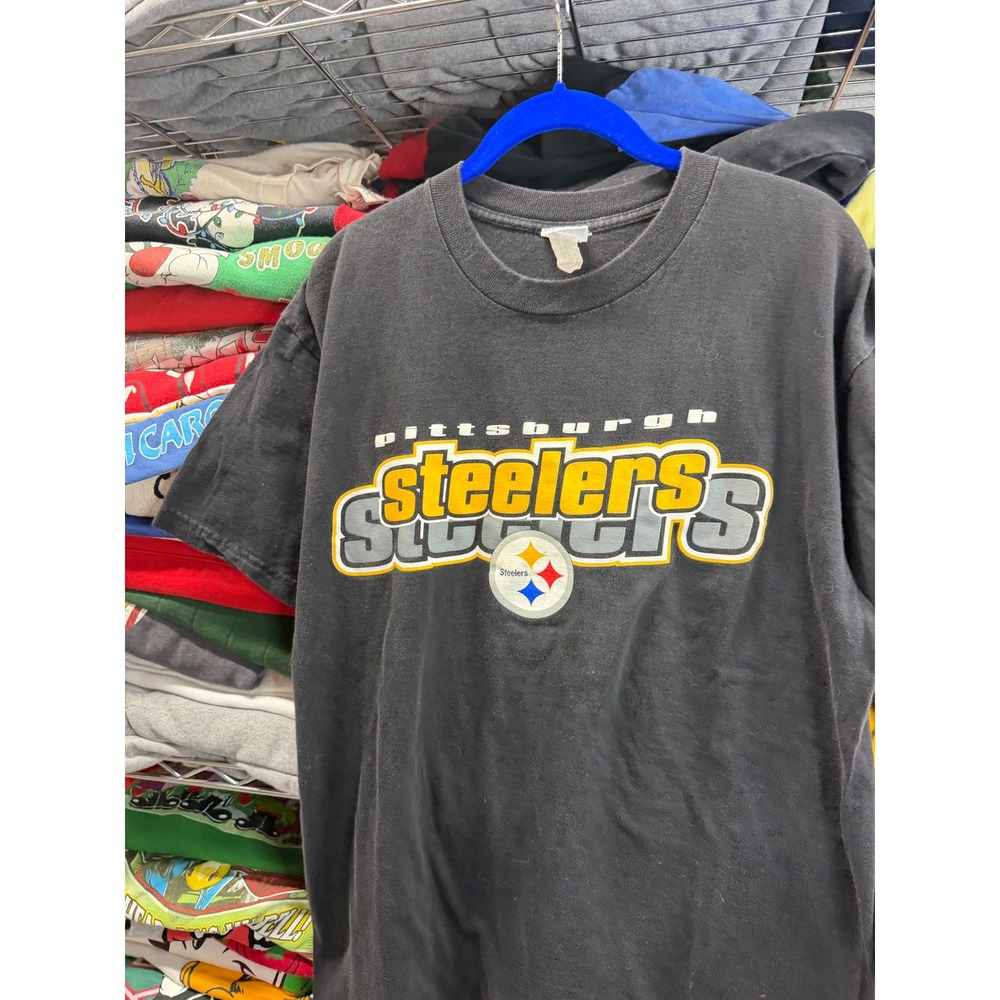 Vintage Pittsburgh Steelers True Fan Sportswear Black Graphic Shirt Mens L 20x29